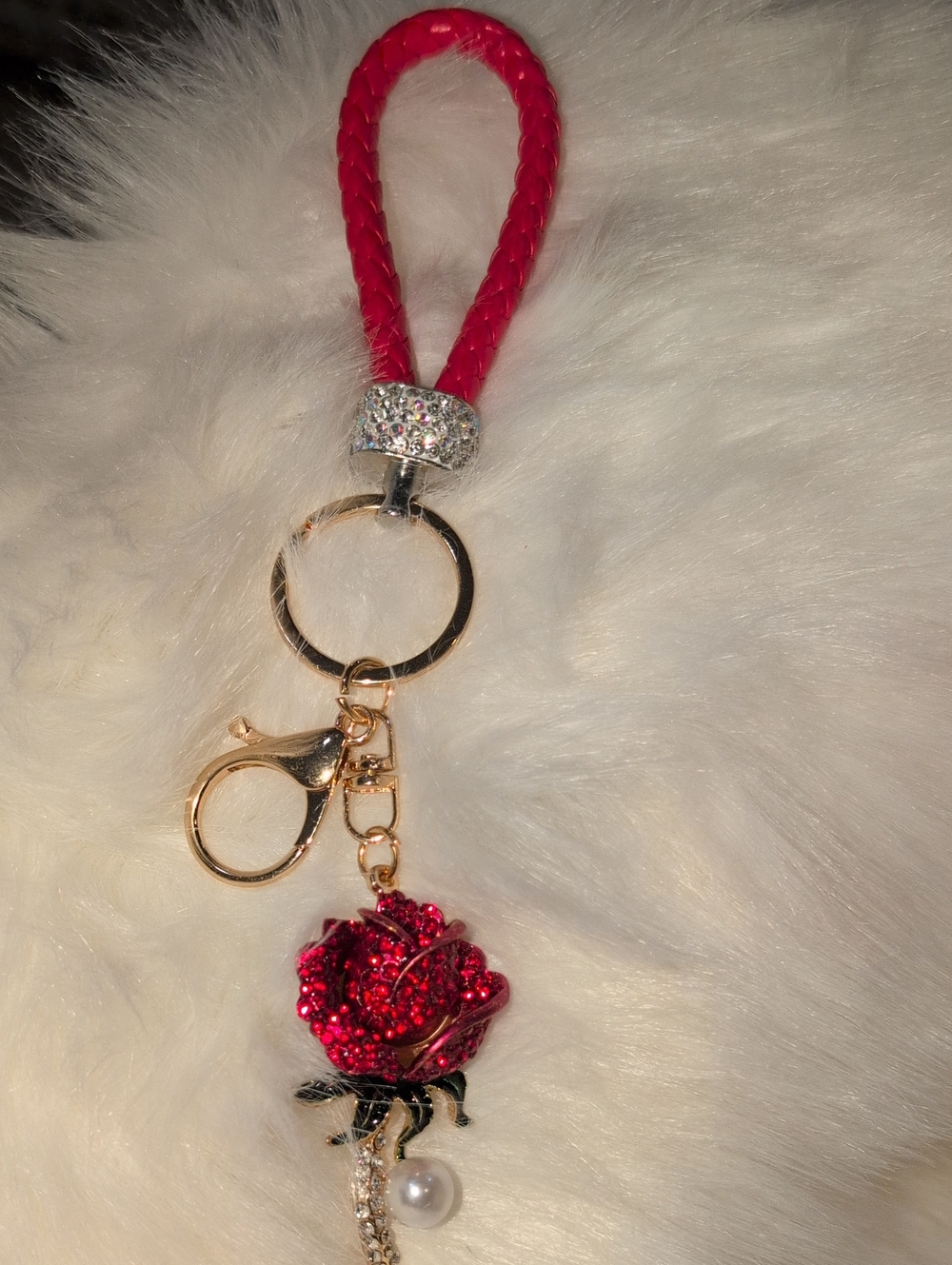 Red Long Stem Rose With A Pearl Acent  Keychain Bag Charm Wristlet